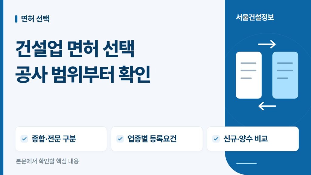 건설업 면허 선택 공사 범위부터 확인 — 종합·전문 구분, 업종별 등록요건, 신규·양수 비교