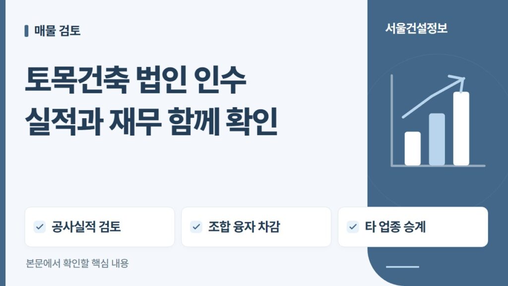 토목건축 법인 인수 실적과 재무 함께 확인 — 공사실적 검토, 조합 융자 차감, 타 업종 승계