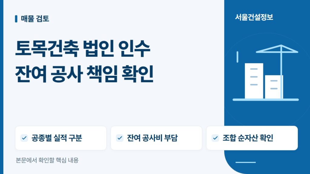 토목건축 법인 인수 잔여 공사 책임 확인 — 공종별 실적 구분, 잔여 공사비 부담, 조합 순자산 확인