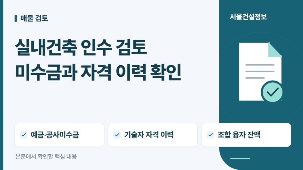 실내건축 인수 검토 미수금과 자격 이력 확인 — 예금·공사미수금, 기술자 자격 이력, 조합 융자 잔액