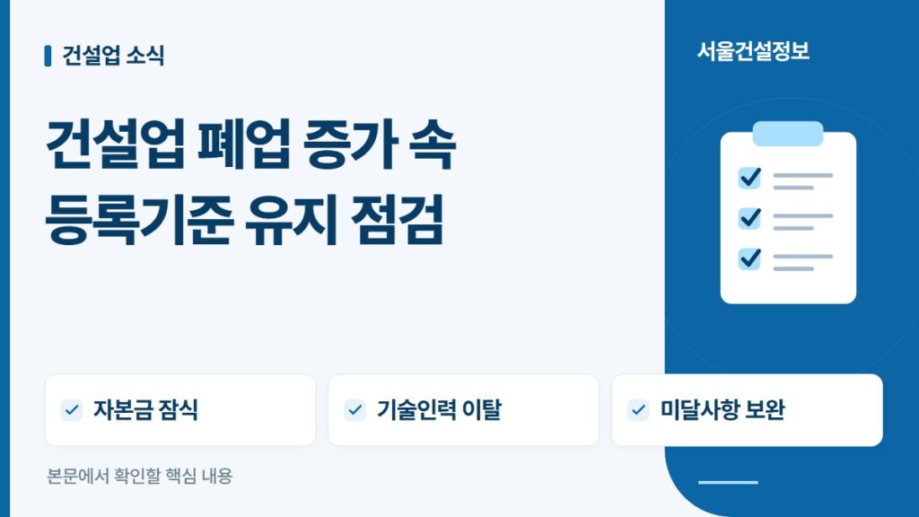 건설업 폐업 증가 속 등록기준 유지 점검 — 자본금 잠식, 기술인력 이탈, 미달사항 보완