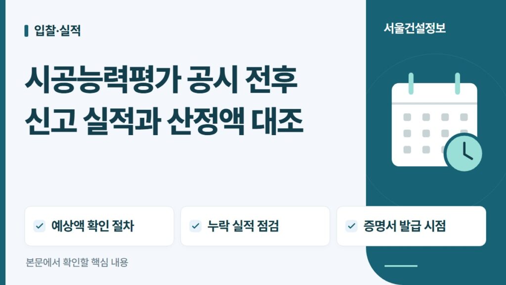 시공능력평가 공시 전후 신고 실적과 산정액 대조 — 예상액 확인 절차, 누락 실적 점검, 증명서 발급 시점