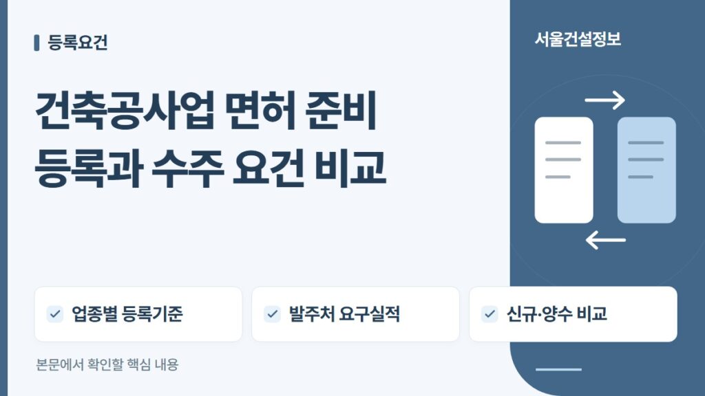 건축공사업 면허 준비 등록과 수주 요건 비교 — 업종별 등록기준, 발주처 요구실적, 신규·양수 비교