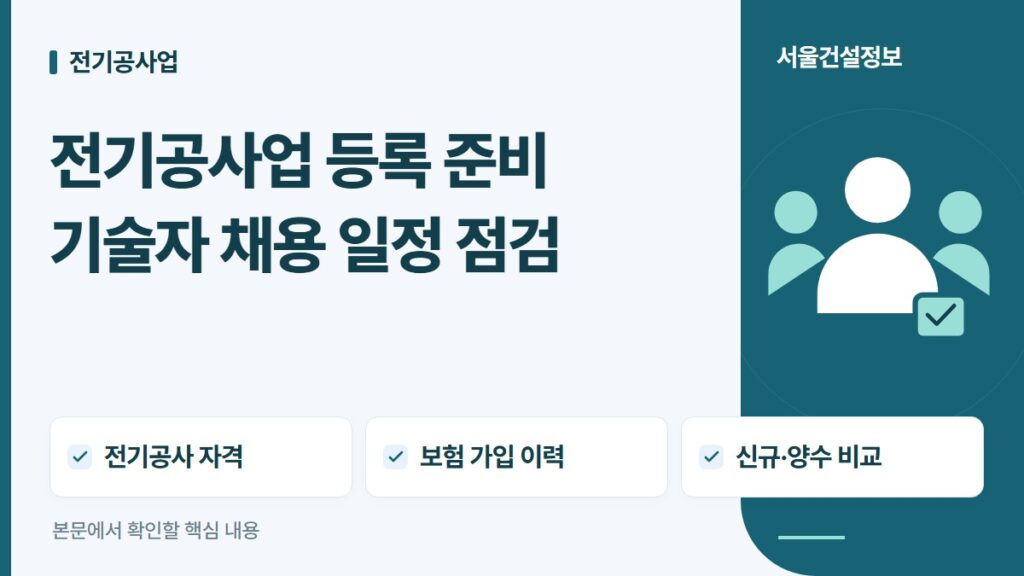 전기공사업 등록 준비 기술자 채용 일정 점검 — 전기공사 자격, 보험 가입 이력, 신규·양수 비교