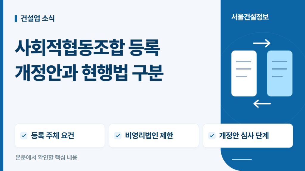 사회적협동조합 등록 개정안과 현행법 구분 — 등록 주체 요건, 비영리법인 제한, 개정안 심사 단계