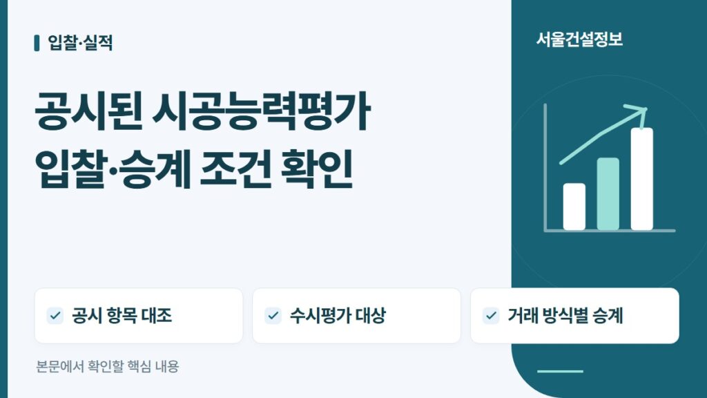 공시된 시공능력평가 입찰·승계 조건 확인 — 공시 항목 대조, 수시평가 대상, 거래 방식별 승계
